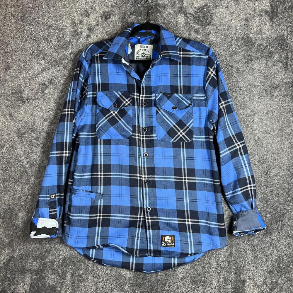 Zero Foxtrot Shirt Mens M Blue Plaid Flannel Long Sleeve Button Up Casual